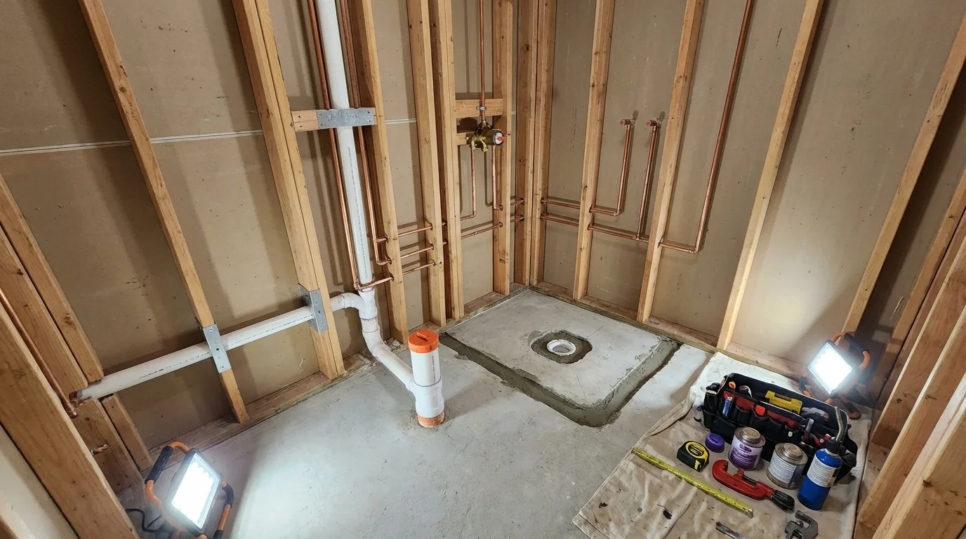 Bathroom rough-in plumbing during remodel by Johns Plumbing LLC in Westernport