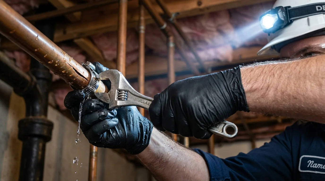 Emergency pipe clamp repair being performed by a Johns Plumbing LLC plumber in Westernport