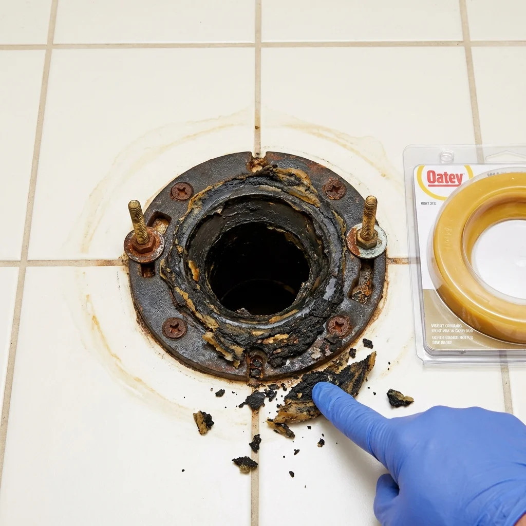Failed wax ring showing water seepage at the base of a toilet in a Westernport, MD home
