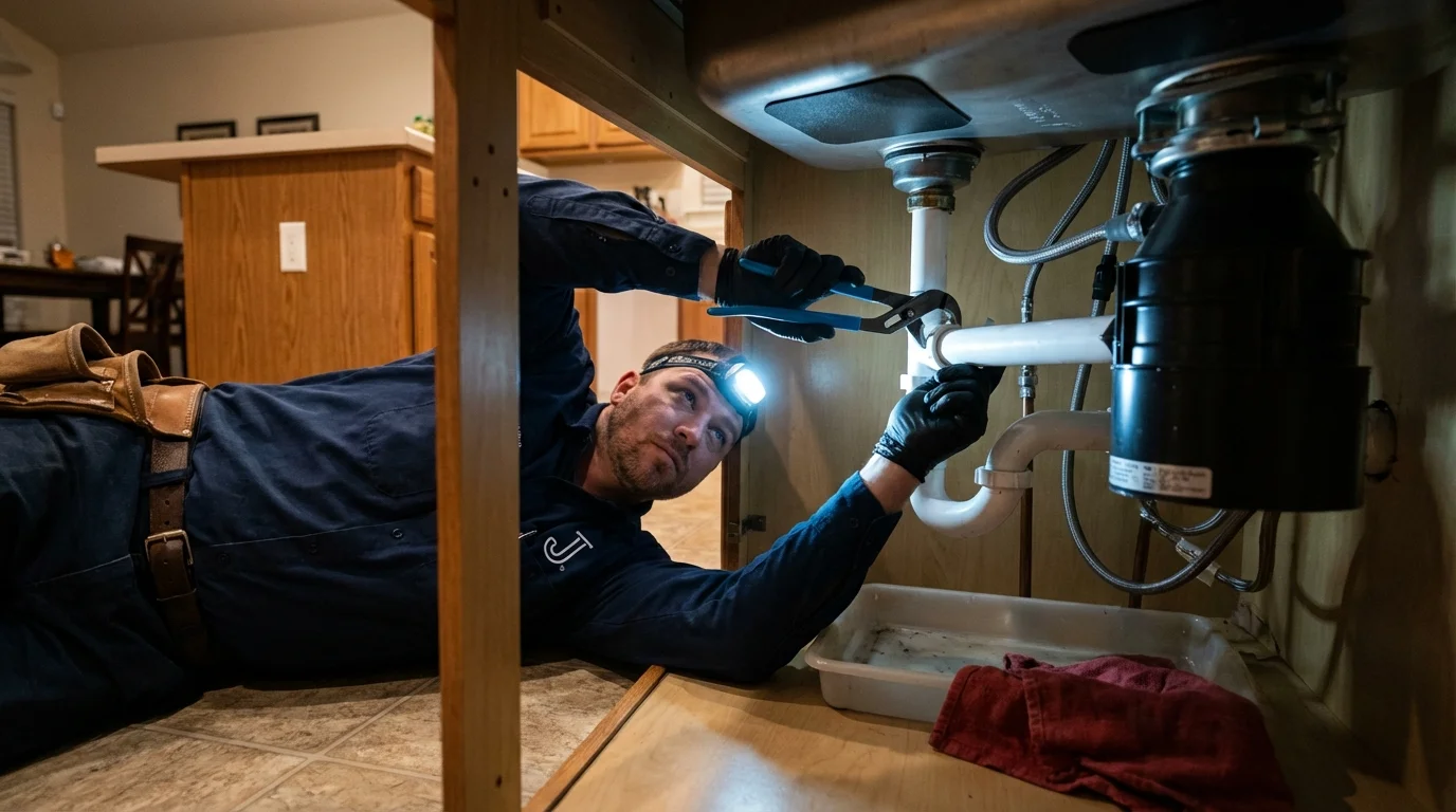 P-trap and supply line connections under a kitchen sink showing a common leak point in Westernport, MD